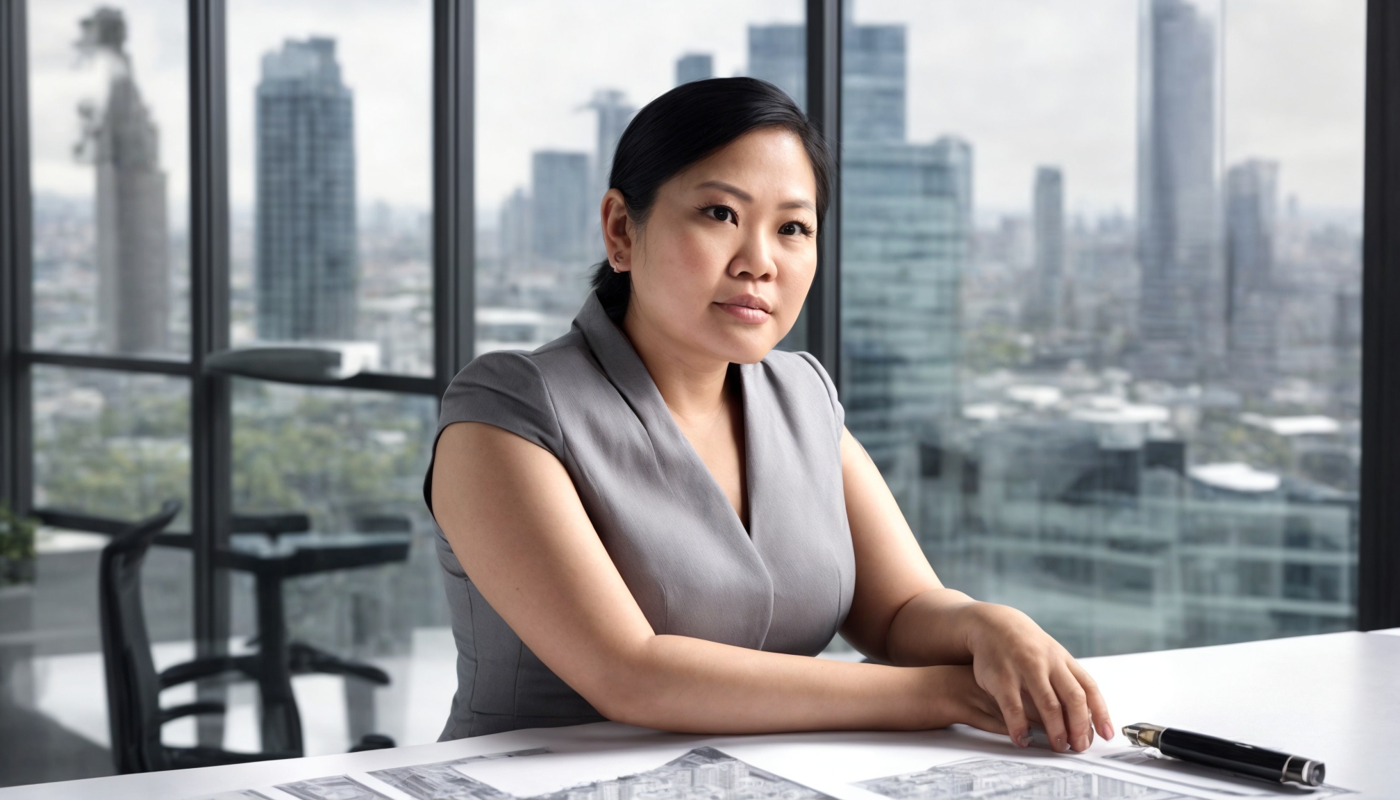 Konsultan properti wanita sedang menganalisis desain rumah dan blueprint properti di kantor modern